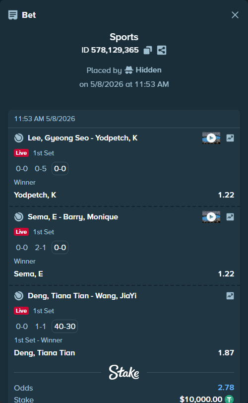 Bet slip: Sema, E - Barry, Monique, $10,000.00 stake at 1.22 odds, placed by Hidden