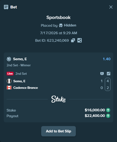 Bet slip: Sema, E - Cadence Brance, $16,016.00 stake at 1.40 odds, placed by Hidden