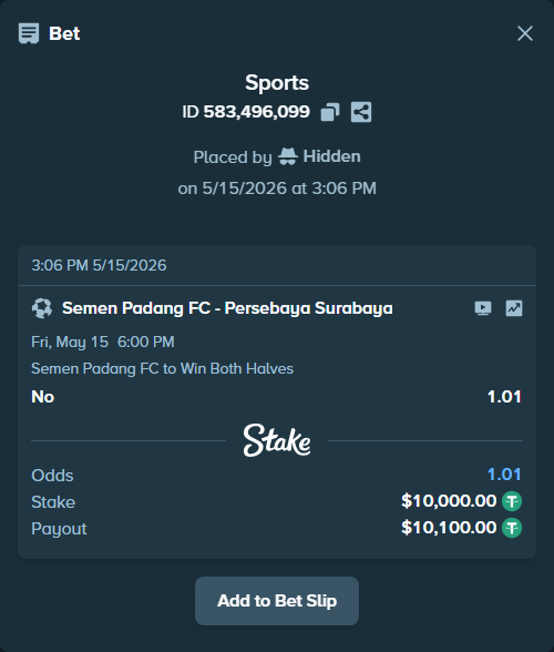 Bet slip: Semen Padang FC - Persebaya Surabaya, $10,000.00 stake at 1.01 odds, placed by Hidden