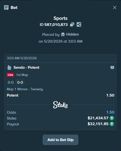 Bet slip: Sendo - Potent, $21,456.00 stake at 1.50 odds, placed by Hidden