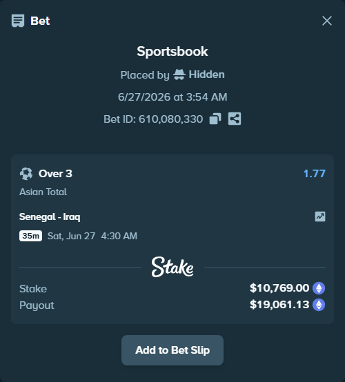 Bet slip: Senegal - Iraq, $11,547.80 stake at 1.77 odds, placed by Hidden