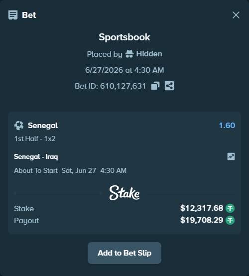 Bet slip: Senegal - Iraq, $12,330.00 stake at 1.60 odds, placed by Hidden