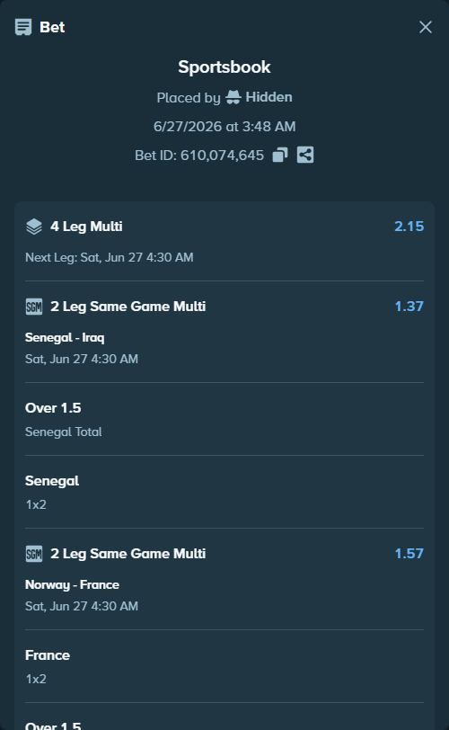 Bet slip: Senegal - Iraq, $15,000.00 stake at 1.30 odds, placed by Hidden