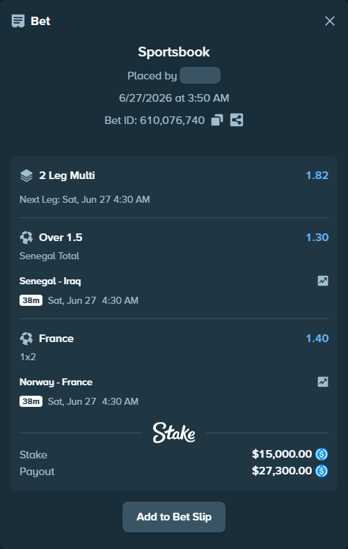 Bet slip: Senegal - Iraq, $15,000.00 stake at 1.30 odds, placed by TeslaKesla22