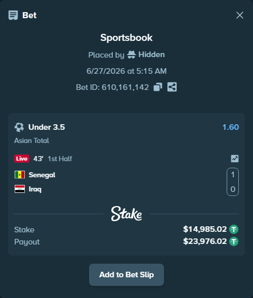 Bet slip: Senegal - Iraq, $15,000.00 stake at 1.60 odds, placed by Hidden