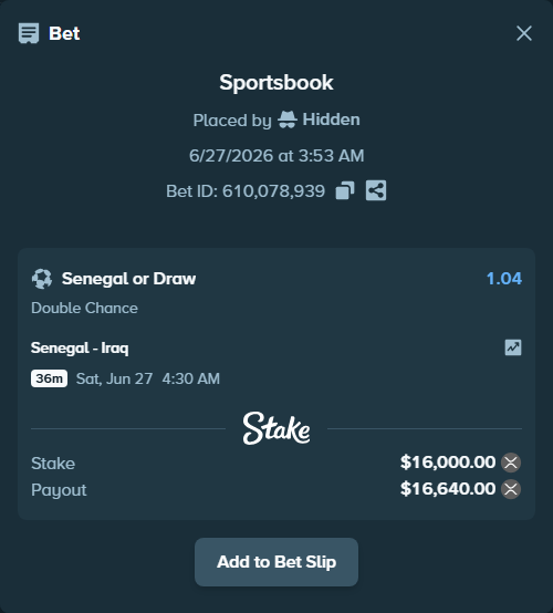 Bet slip: Senegal - Iraq, $16,539.58 stake at 1.04 odds, placed by Hidden