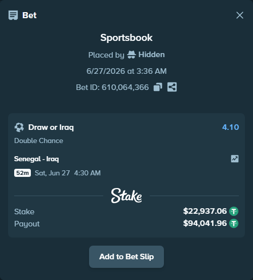 Bet slip: Senegal - Iraq, $22,960.00 stake at 4.10 odds, placed by Hidden