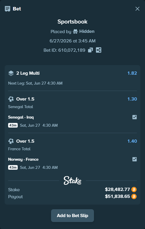 Bet slip: Senegal - Iraq, $29,110.35 stake at 1.30 odds, placed by Hidden