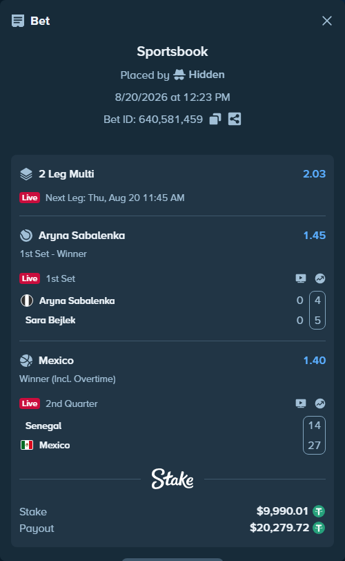 Bet slip: Senegal - Mexico, $10,000.00 stake at 1.40 odds, placed by Hidden