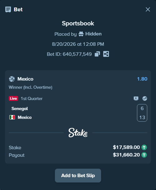 Bet slip: Senegal - Mexico, $17,606.59 stake at 1.80 odds, placed by Hidden