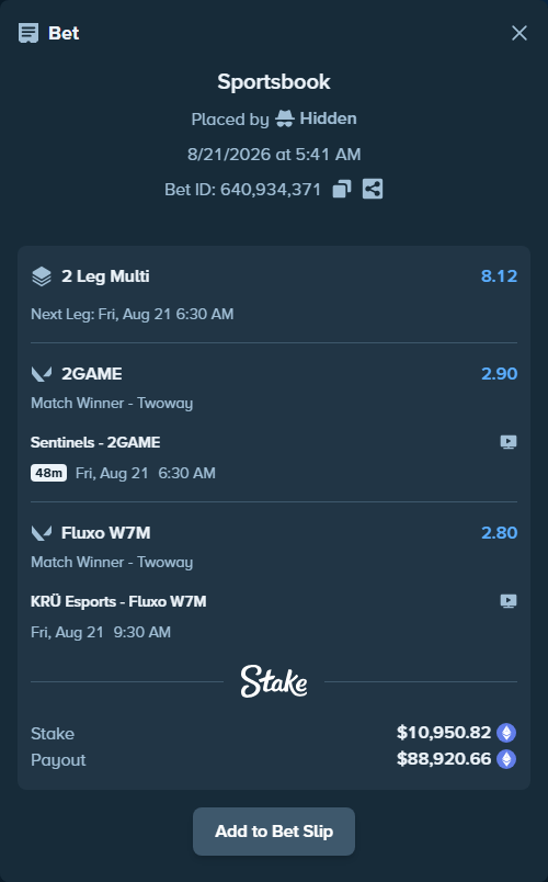 Bet slip: Sentinels - 2GAME, $11,868.60 stake at 2.90 odds, placed by Hidden