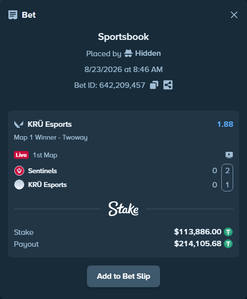 Bet slip: Sentinels - KRÜ Esports, $113,874.61 stake at 1.88 odds, placed by Hidden