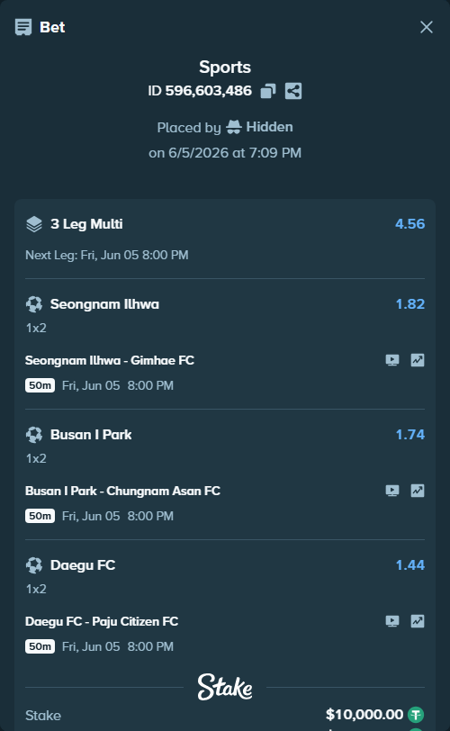 Bet slip: Seongnam Ilhwa - Gimhae FC, $10,010.00 stake at 1.82 odds, placed by Hidden