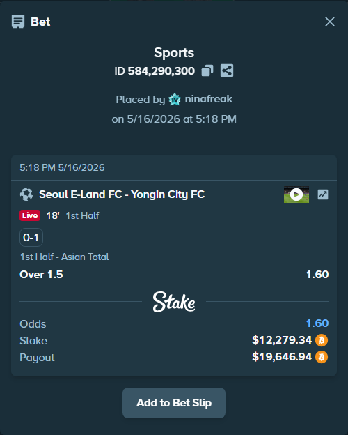Bet slip: Seoul E-Land FC - Yongin City FC, $10,057.10 stake at 1.60 odds, placed by ninafreak