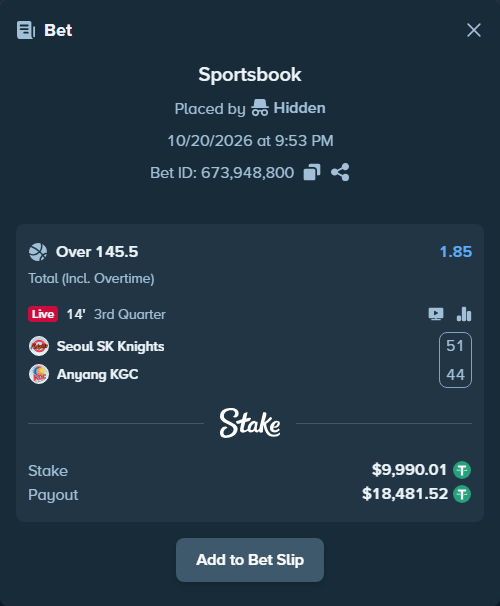 Bet slip: Seoul SK Knights - Anyang Jungkwanjang Red Boosters, $10,000.00 stake at 1.85 odds, placed by Kriski99