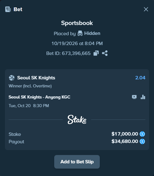 Bet slip: Seoul SK Knights - Anyang Jungkwanjang Red Boosters, $17,000.00 stake at 2.04 odds, placed by Hidden