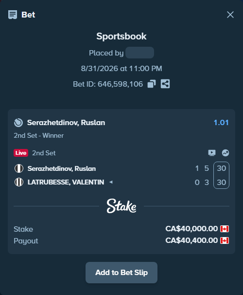 Bet slip: Serazhetdinov, Ruslan - LATRUBESSE, VALENTIN, $29,600.00 stake at 1.01 odds, placed by Zach0919