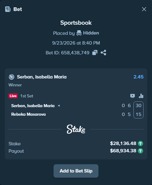Bet slip: Serban, Isabella Maria - Rebeka Masarova, $28,136.48 stake at 2.45 odds, placed by Hidden