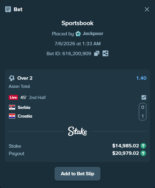 Bet slip: Serbia - Croatia, $15,000.00 stake at 1.40 odds, placed by Jackpoor