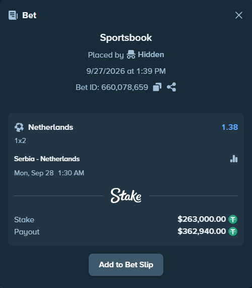 Bet slip: Serbia - Netherlands, $263,000.00 stake at 1.38 odds, placed by Zurzarin544