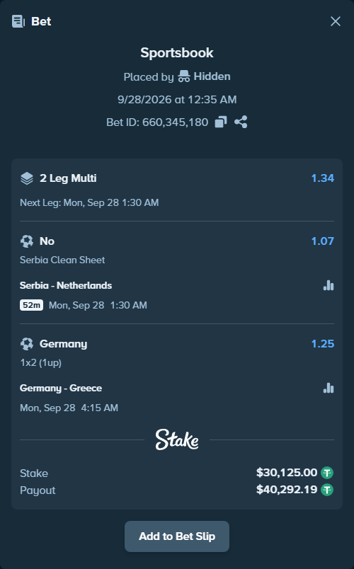 Bet slip: Serbia - Netherlands, $30,125.00 stake at 1.07 odds, placed by Thenewdon16