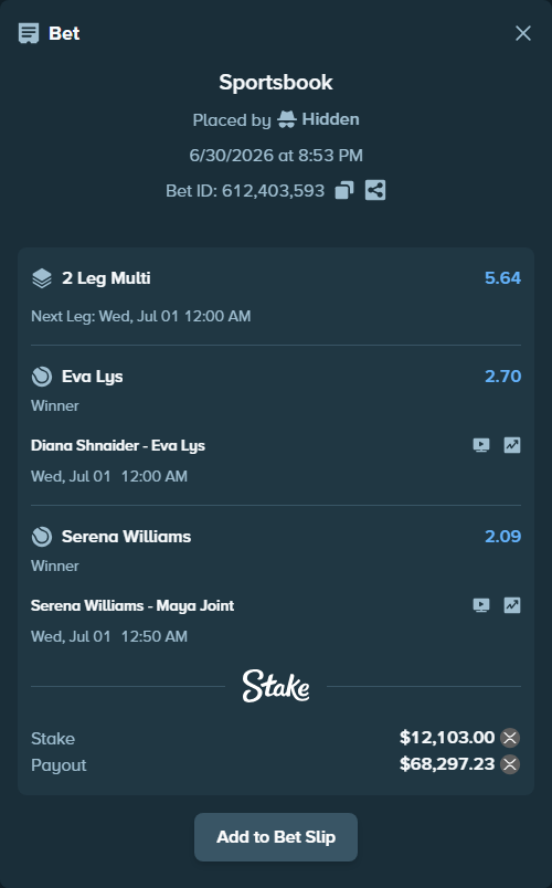 Bet slip: Serena Williams - Maya Joint, $13,598.34 stake at 2.09 odds, placed by Hidden