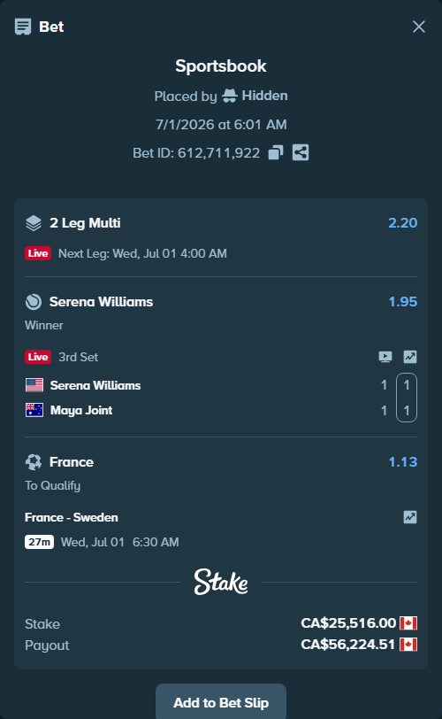 Bet slip: Serena Williams - Maya Joint, $18,881.84 stake at 1.95 odds, placed by Hidden