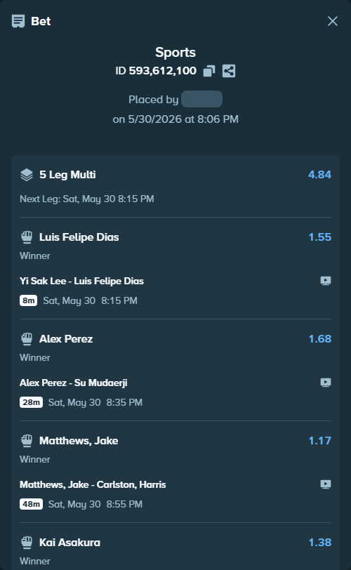 Bet slip: Sergei Pavlovich - Tallison Teixeira, $10,010.00 stake at 1.15 odds, placed by Rosspicks