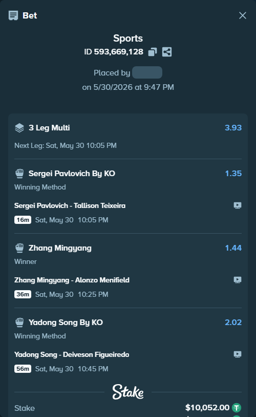 Bet slip: Sergei Pavlovich - Tallison Teixeira, $10,062.05 stake at 1.35 odds, placed by Rosspicks