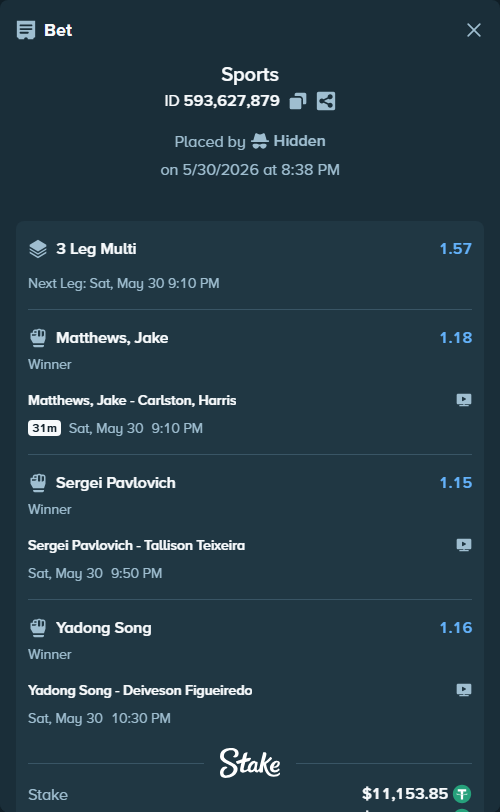 Bet slip: Sergei Pavlovich - Tallison Teixeira, $11,165.00 stake at 1.15 odds, placed by Hidden
