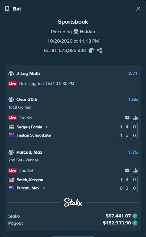 Bet slip: Sergey Fomin - Tristan Schoolkate, $67,508.51 stake at 1.55 odds, placed by Hidden