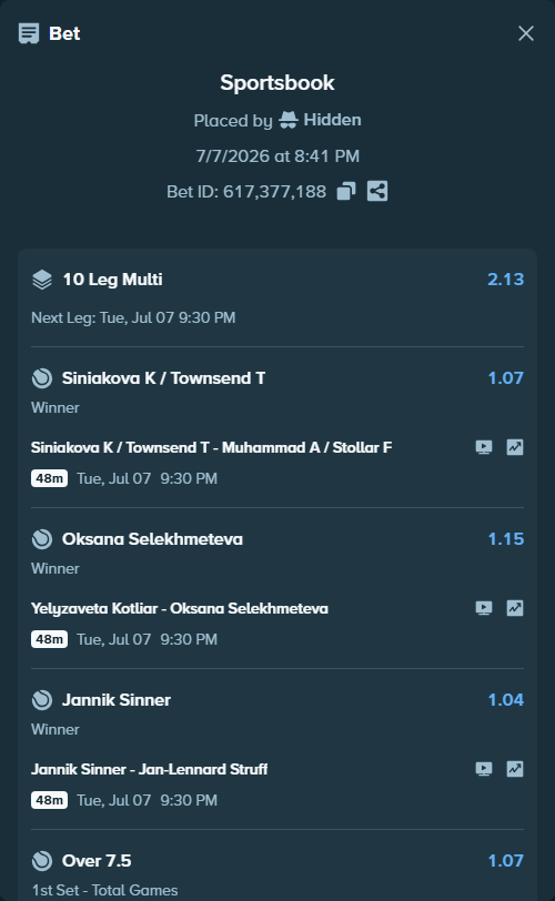 Bet slip: Sergio Luis Hernandez Ramirez - Luciano Emanuel Ambrogi, $150,150.00 stake at 1.07 odds, placed by Hidden