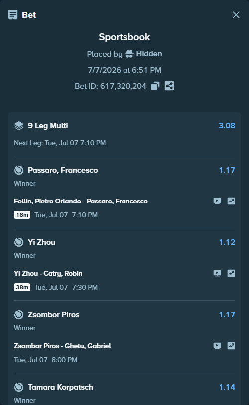 Bet slip: Sergio Luis Hernandez Ramirez - Luciano Emanuel Ambrogi, $20,854.28 stake at 1.07 odds, placed by Hidden