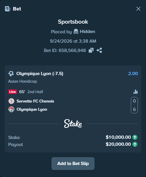 Bet slip: Servette FC Chenois Feminin - Olympique Lyon, $10,000.00 stake at 2.00 odds, placed by Hidden