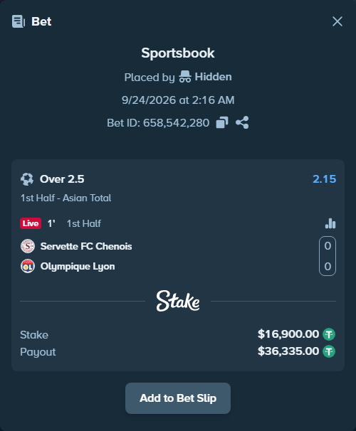 Bet slip: Servette FC Chenois Feminin - Olympique Lyon, $16,900.00 stake at 2.15 odds, placed by Hidden