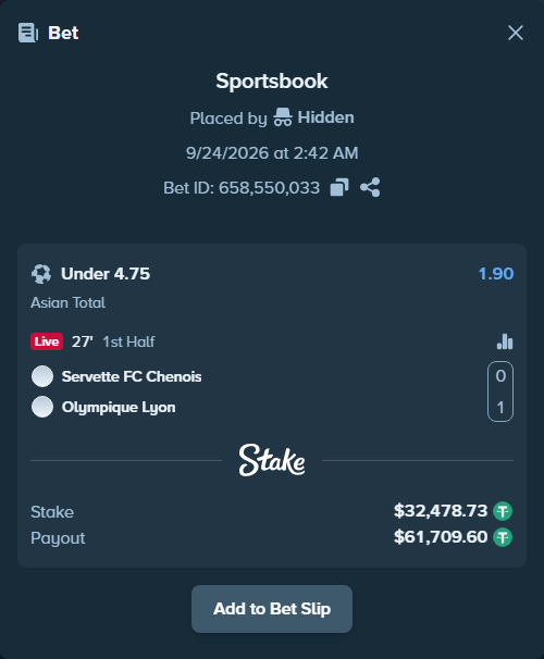 Bet slip: Servette FC Chenois Feminin - Olympique Lyon, $32,478.73 stake at 1.90 odds, placed by Hidden