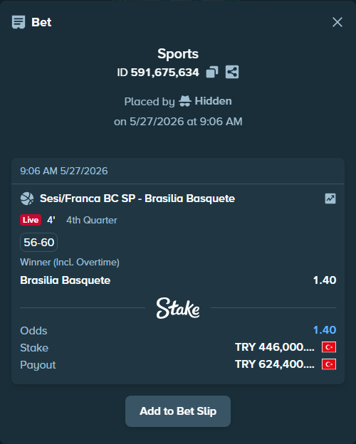 Bet slip: Sesi/Franca BC SP - Brasilia Basquete, $13,380.00 stake at 1.40 odds, placed by Hidden