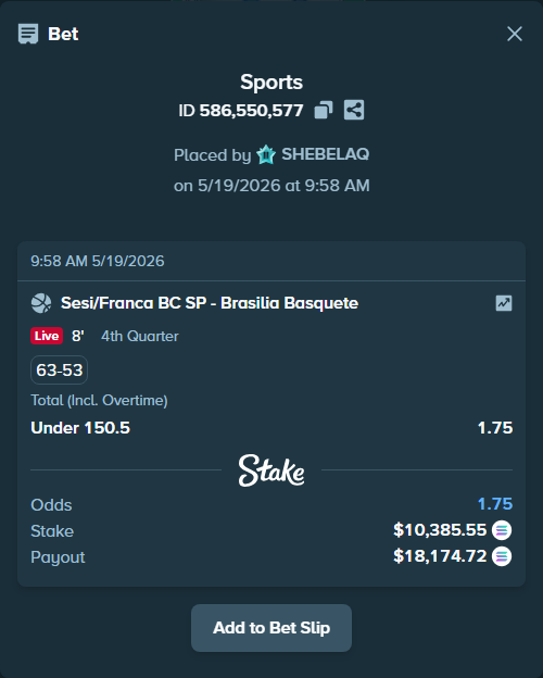 Bet slip: Sesi/Franca BC SP - Brasilia Basquete, $8,854.51 stake at 1.75 odds, placed by SHEBELAQ