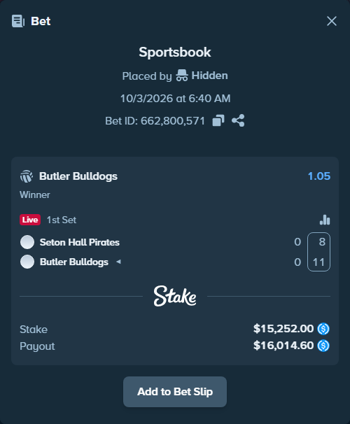 Bet slip: Seton Hall Pirates - Butler Bulldogs, $15,252.00 stake at 1.05 odds, placed by piropiro12