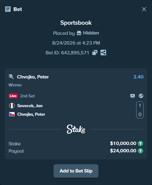 Bet slip: Sevecek, Jan - Chvojka, Peter, $10,000.00 stake at 2.40 odds, placed by Hidden