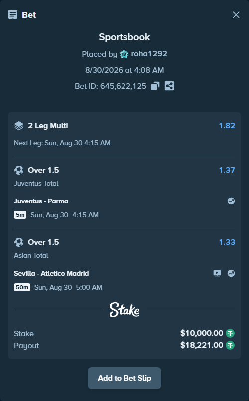 Bet slip: Sevilla - Atletico Madrid, $10,000.00 stake at 1.33 odds, placed by roha1292