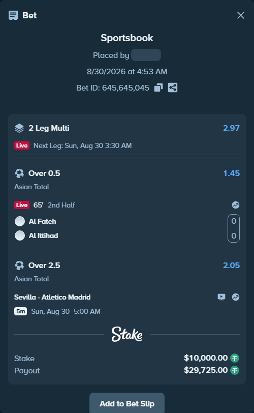 Bet slip: Sevilla - Atletico Madrid, $10,000.00 stake at 2.05 odds, placed by tlwns4736