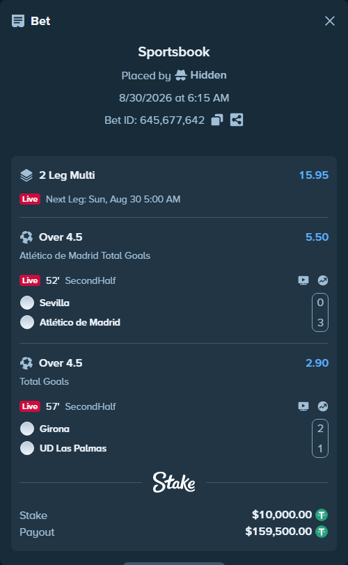 Bet slip: Sevilla - Atletico Madrid, $10,000.00 stake at 5.50 odds, placed by Hidden
