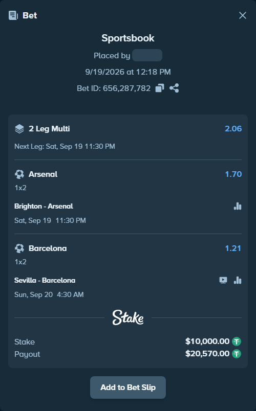 Bet slip: Sevilla - Barcelona, $10,000.00 stake at 1.21 odds, placed by Maxprof