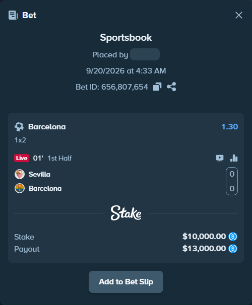 Bet slip: Sevilla - Barcelona, $10,000.00 stake at 1.30 odds, placed by Nakken12