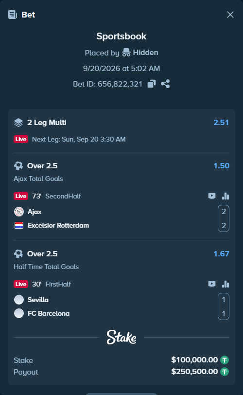 Bet slip: Sevilla - Barcelona, $100,000.00 stake at 1.67 odds, placed by Hidden