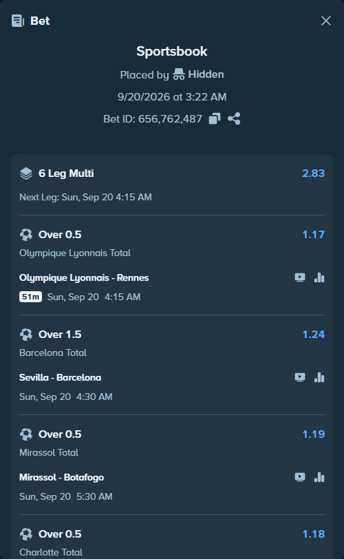 Bet slip: Sevilla - Barcelona, $10,001.00 stake at 1.24 odds, placed by Hidden