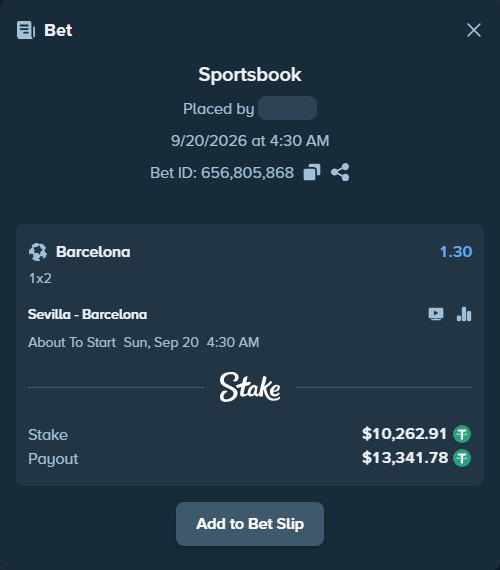 Bet slip: Sevilla - Barcelona, $10,262.91 stake at 1.30 odds, placed by Oskarlindt