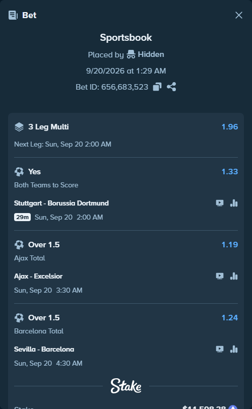 Bet slip: Sevilla - Barcelona, $11,526.36 stake at 1.24 odds, placed by Hidden