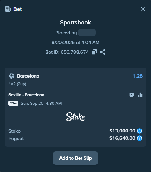 Bet slip: Sevilla - Barcelona, $13,000.00 stake at 1.28 odds, placed by LarsL
